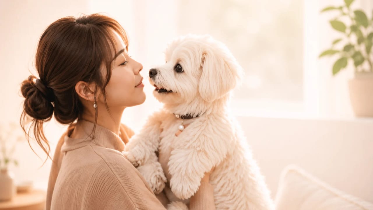 創業者が愛犬を抱き、見つめている様子